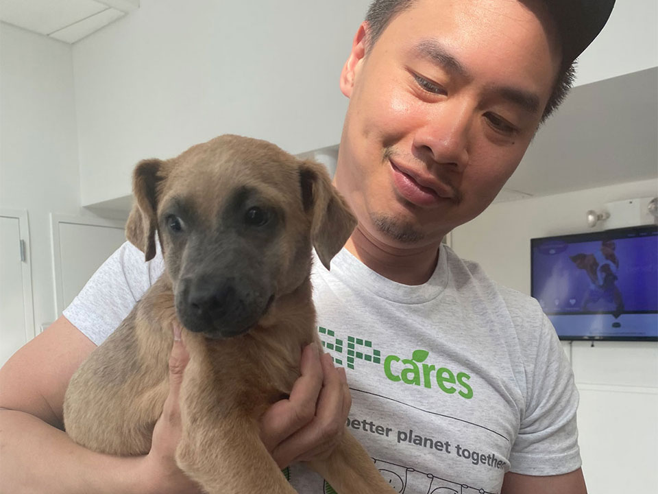 EP Engineering team member holding puppy and wearing EP Cares t-shirt